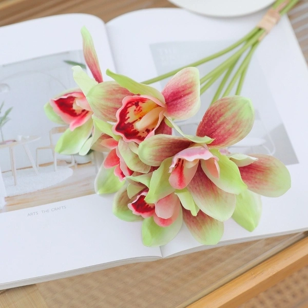 Hot design 6 heads lifelike artificial arrangement cymbidium orchid flower bouquet for bride holding flower home decoration