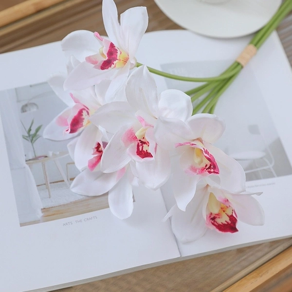 Hot design 6 heads lifelike artificial arrangement cymbidium orchid flower bouquet for bride holding flower home decoration