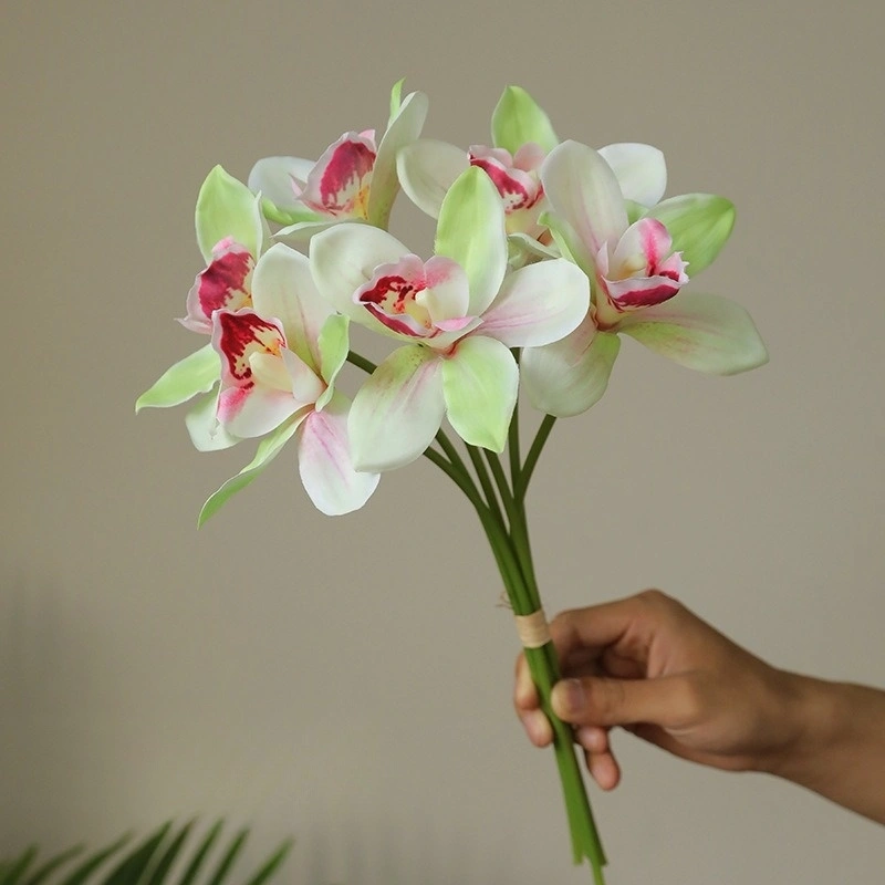 Hot design 6 heads lifelike artificial arrangement cymbidium orchid flower bouquet for bride holding flower home decoration
