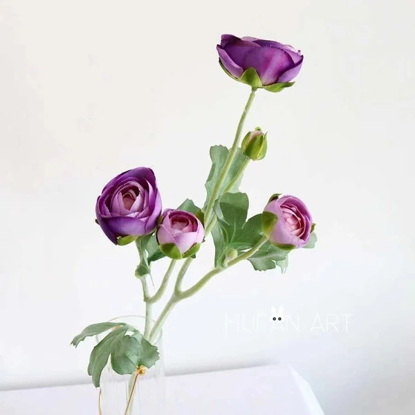 High quality 5 heads flocked artificial ranunculus flower branches for home wedding party event decoration