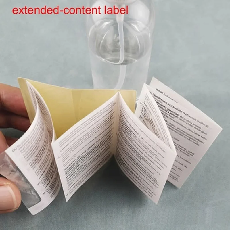 autocollant plié, étiquette auto-adhésive multicouche, étiquette à contenu étendu