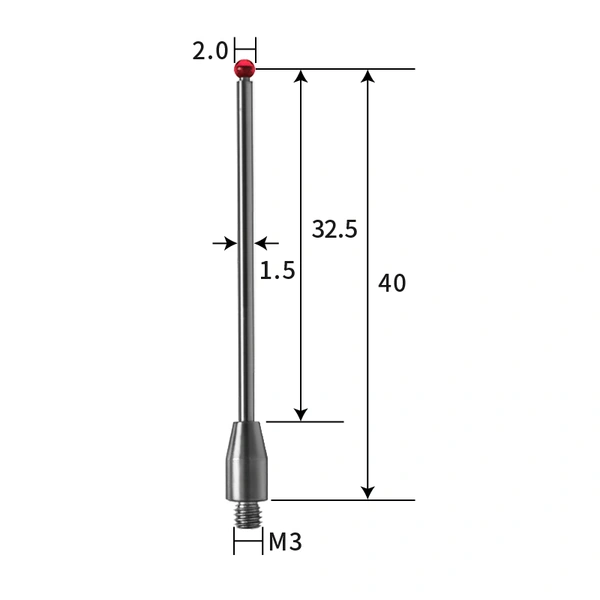 M3 stylus, ruby ball, tungsten carbide stem
