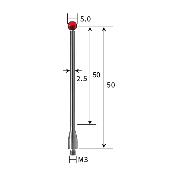 M3 stylus, ruby ball, tungsten carbide stem