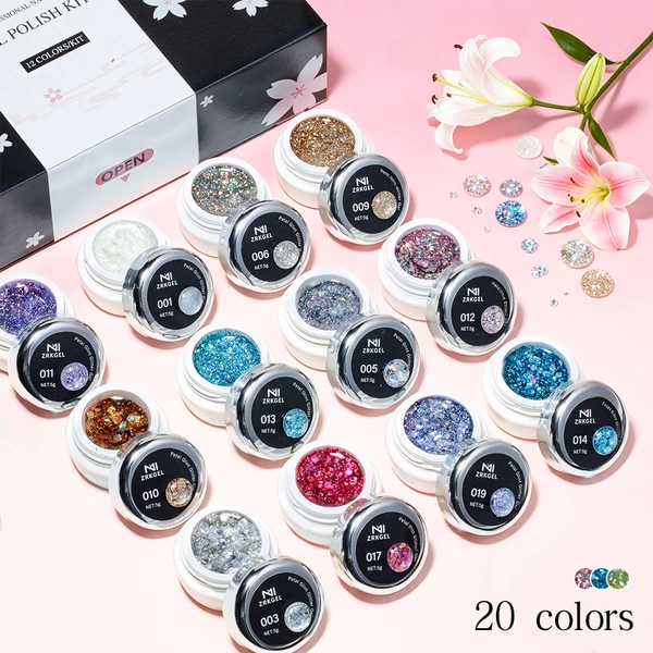HEMA/TPO Free Glitter Gel Polish Set - 20 Colors | ZRKGEL Nail